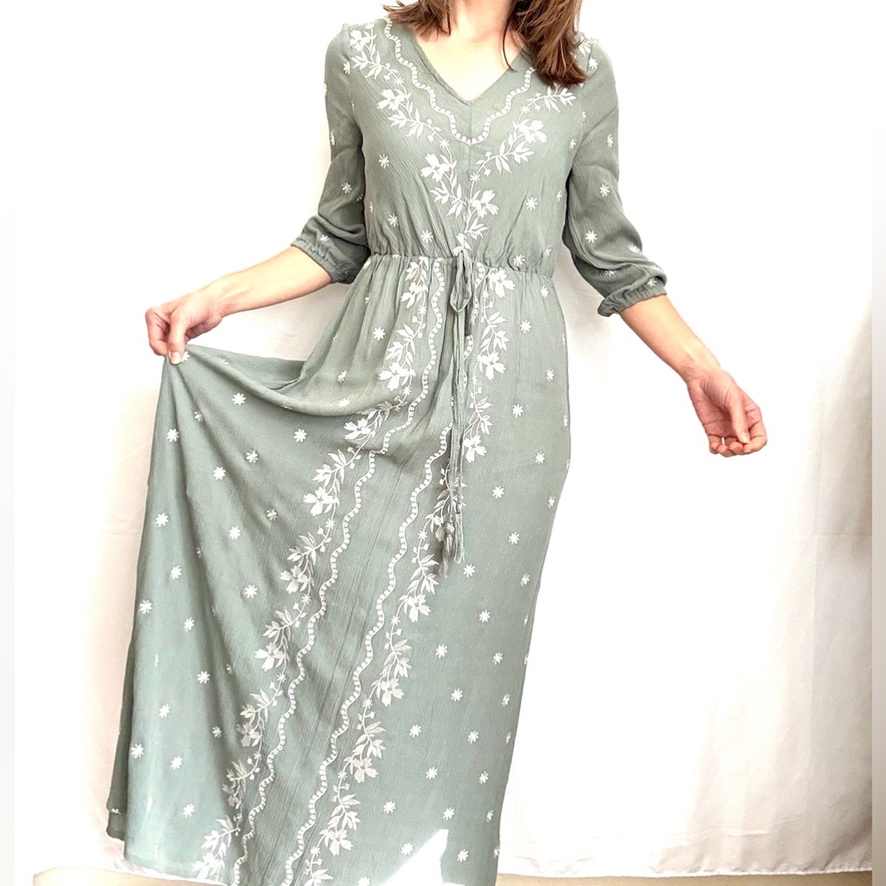 NWT Piper & Scoot ‘the Alida’ by green chinois embroidered maxi dress size XS
